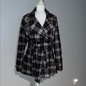 Chic Black and Gray Plaid Trench Coat